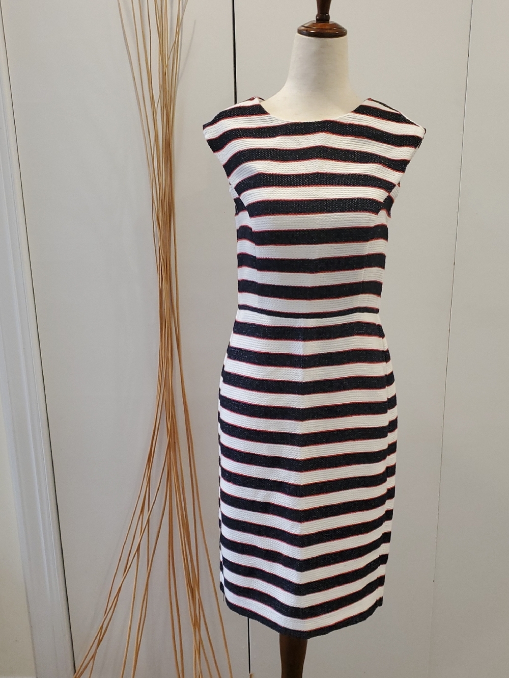 Banana Republic Boucule Navy, White and Red Striped Sheath Dress